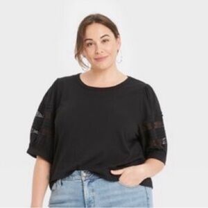 Ava & Viv-Lace, Elbow, Puff Sleeve Top-Plus Size 3X-Black